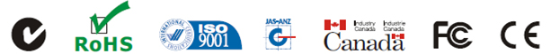 RoHS, ISO9001, JAS-ANZ, Canada FC, CE